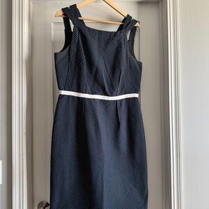 David Meister Navy Polka Dot Sheath Dress Size 14 Classic White Waist Detail